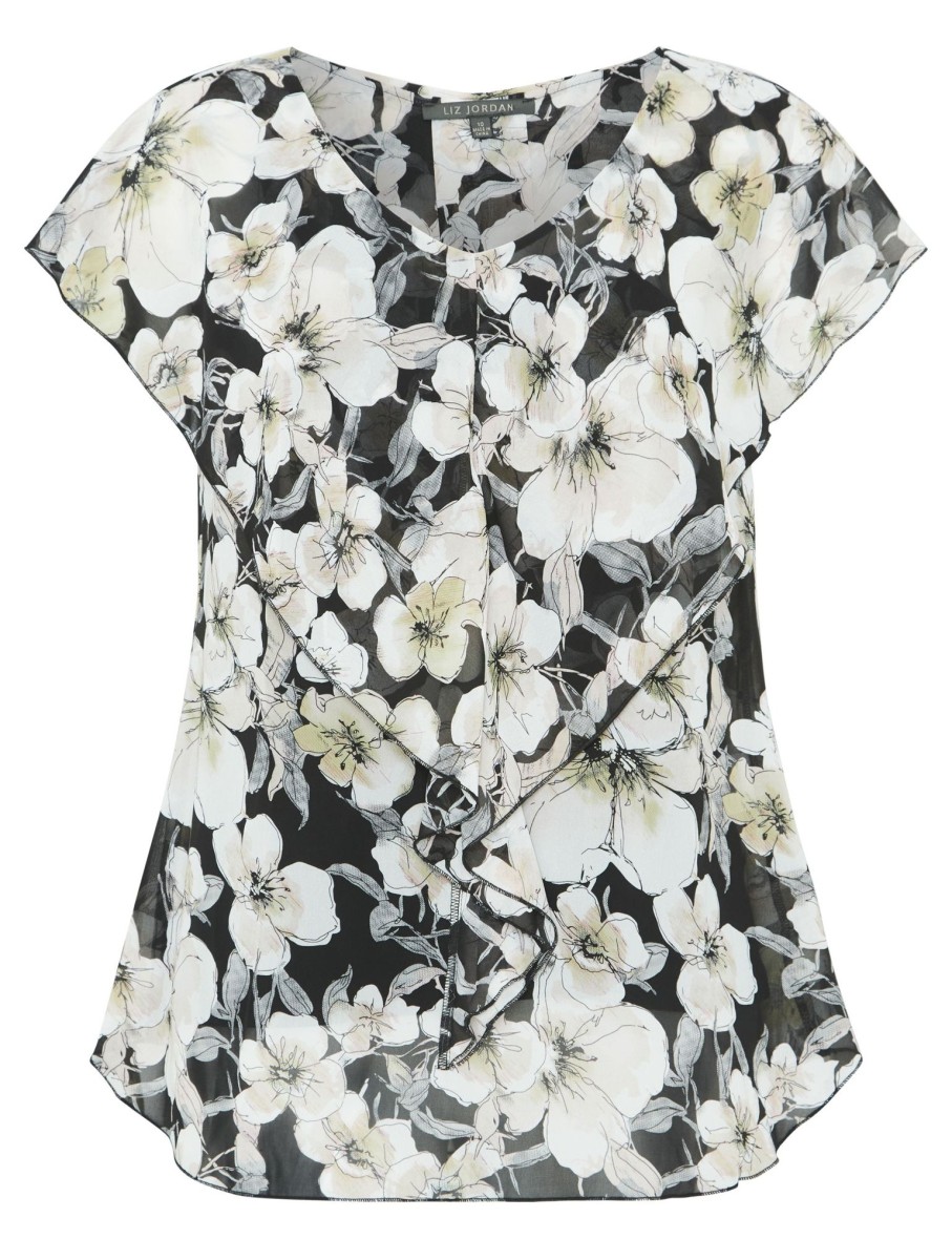 Knitwear LizJordan | Liz Jordan Flutter Sleeve Vneck Print Top