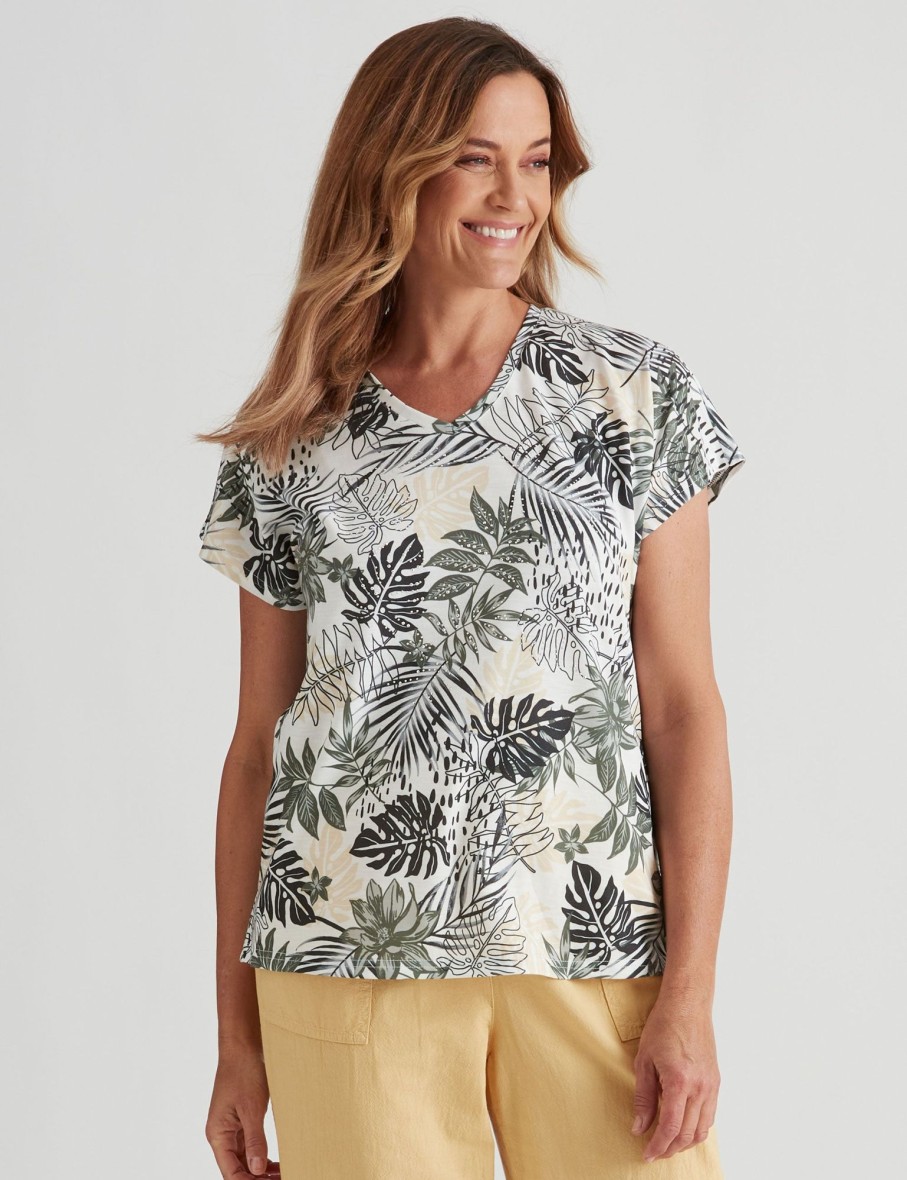 Tops Millers | Millers Short Sleeve Printed Scoop Neck Slub Top