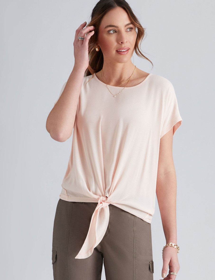 Tops Katies | Katies Short Sleeve Tie Front Knitwear & Woven Top