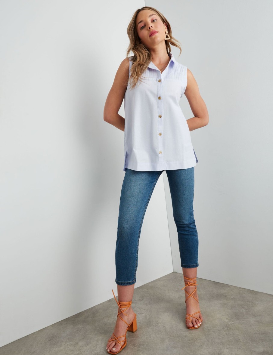 Tops Rockmans | Rockmans Linen Pintuck Sleeveless Shirt