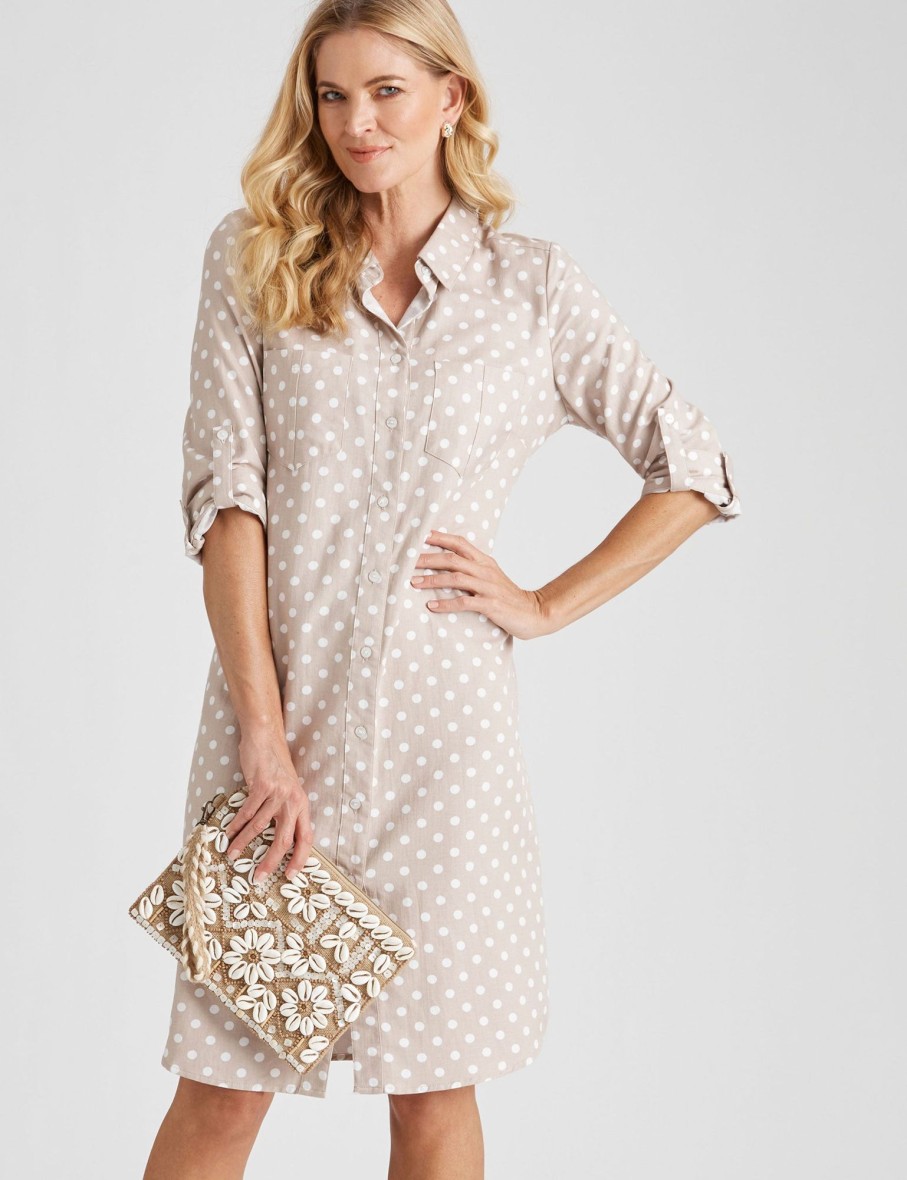 Dresses NoniB | Noni B Roll Sleeve Spot Shirt Dress