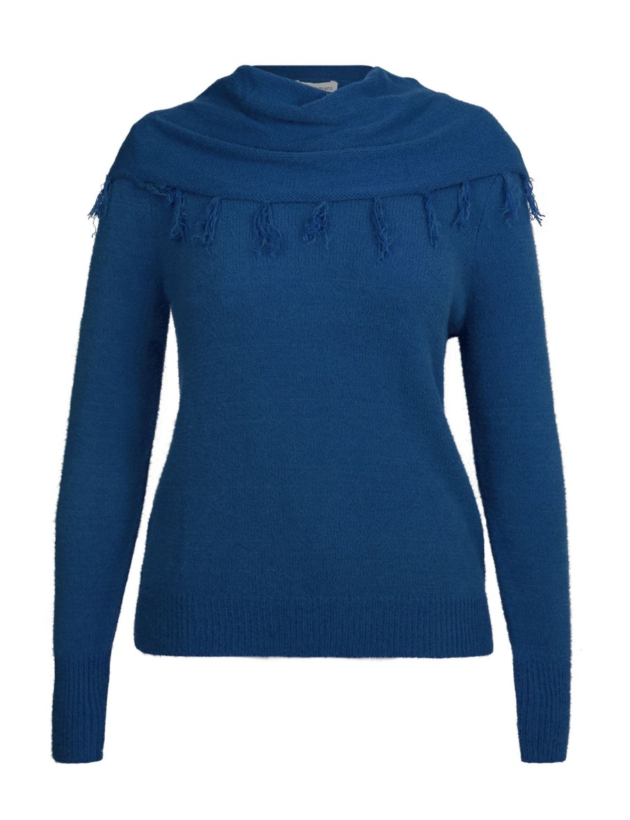 Knitwear Rockmans | Rockmans Long Sleeve Fluffy Tassel Cowl Knitwear Jumper