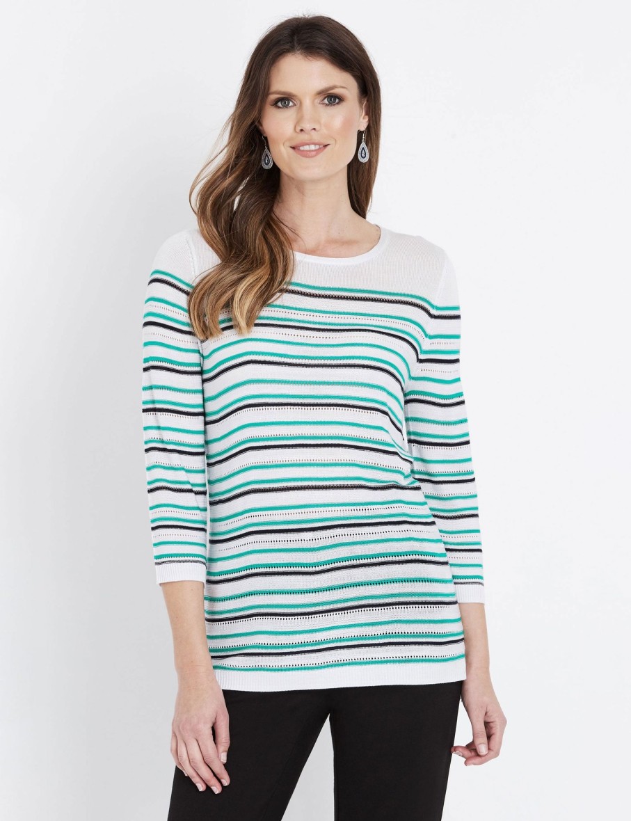 Knitwear WLane | W.Lane Pointelle Stripe 3/4 Sleeve Knitwear Top