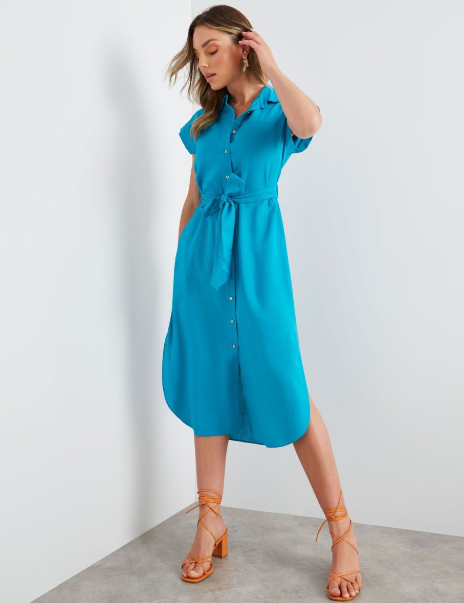 Dresses Rockmans | Rockmans Extend Sleeve Button Thru Tie Waist Linen Shirt Dress