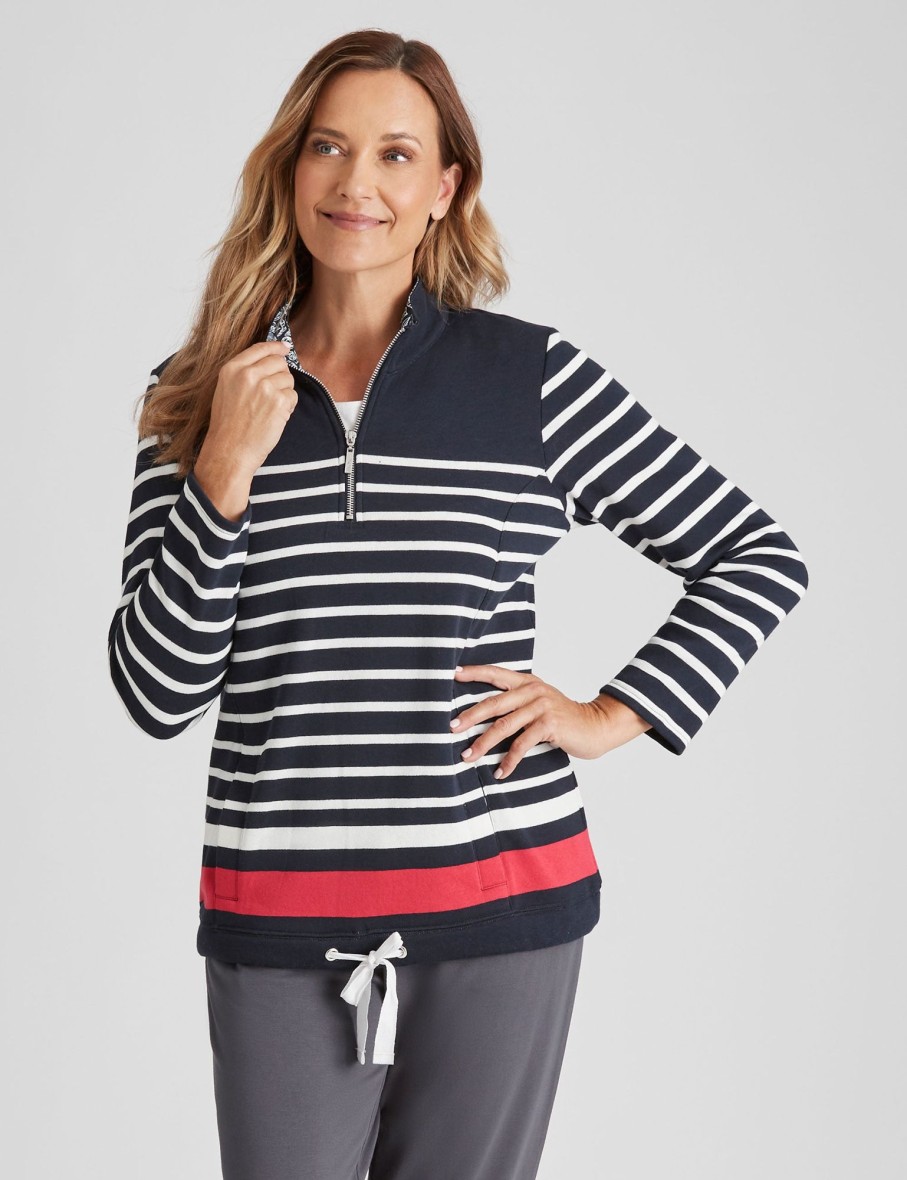 Outerwear Millers | Millers Long Sleeve Border Stripe Half Placket Top