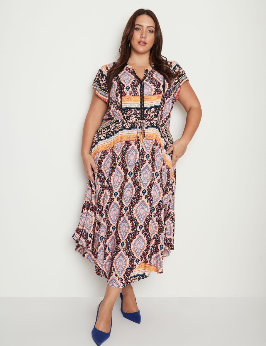 Dresses Beme | Beme Short Sleeve Printed Paisley Maxi Dress