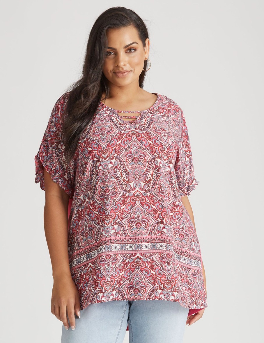 Tops Beme | Beme Short Sleeve Mixed Media Scoop Hem Top