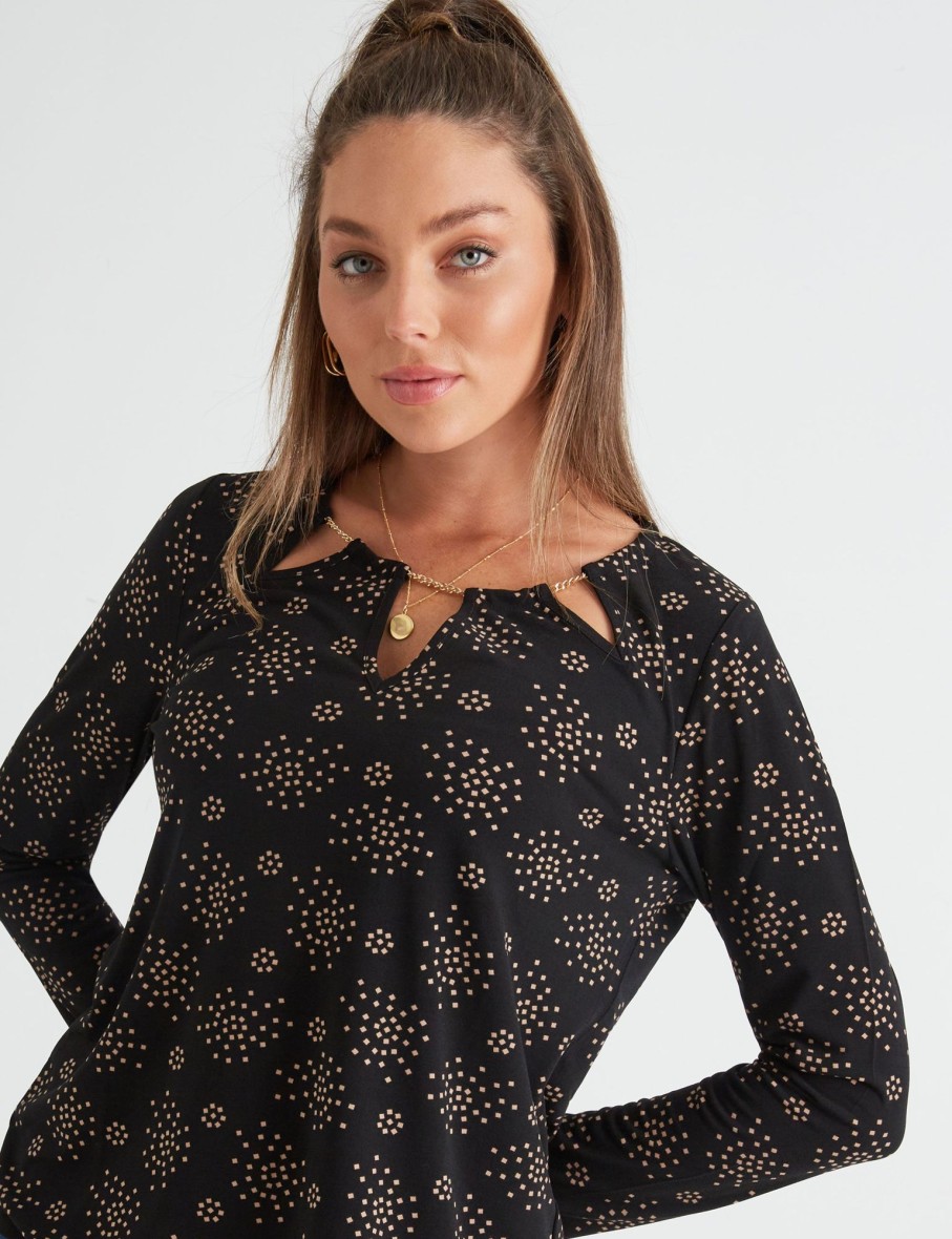 Tops Rockmans | Rockmans Long Sleeve Chain Cut Out Neck Top