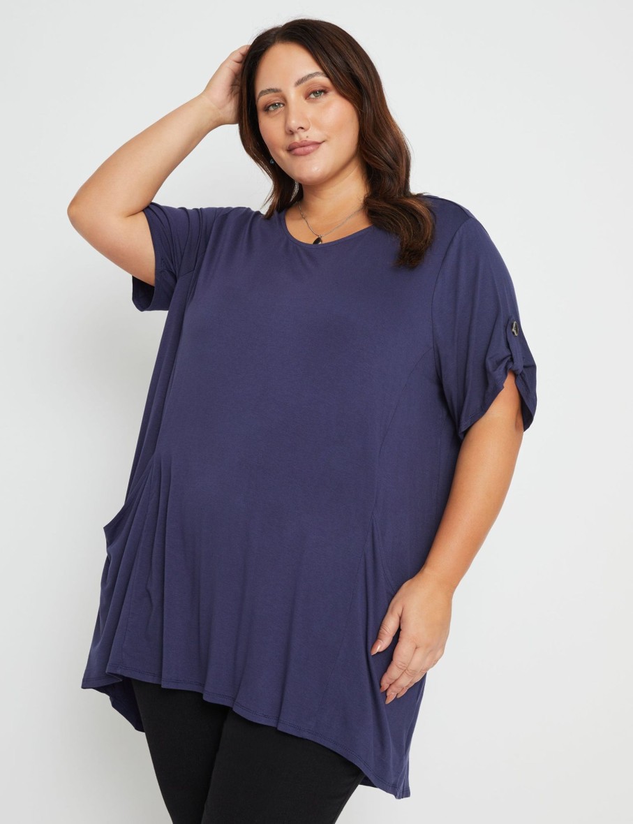 Tops Beme | Beme Short Sleeve Pocket Knitwear Tunic Top