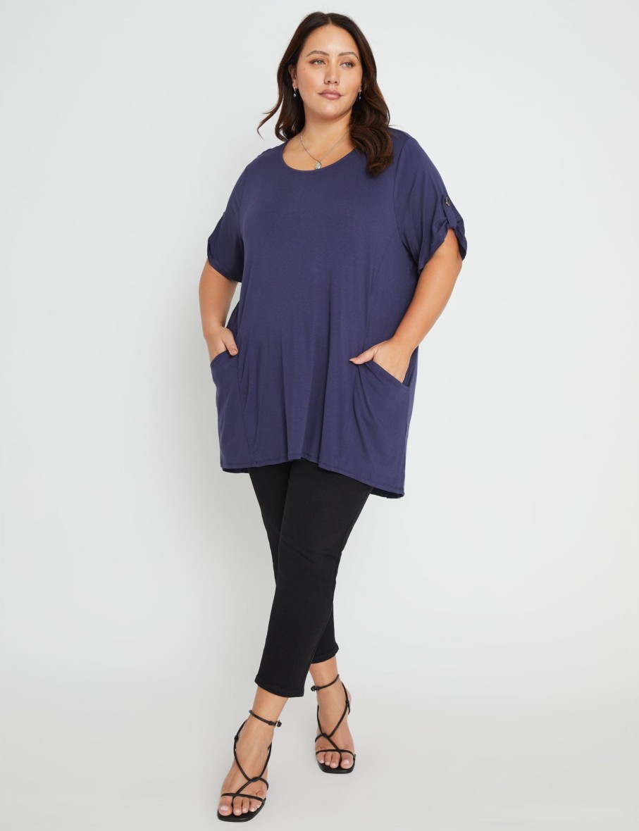 Tops Beme | Beme Short Sleeve Pocket Knitwear Tunic Top