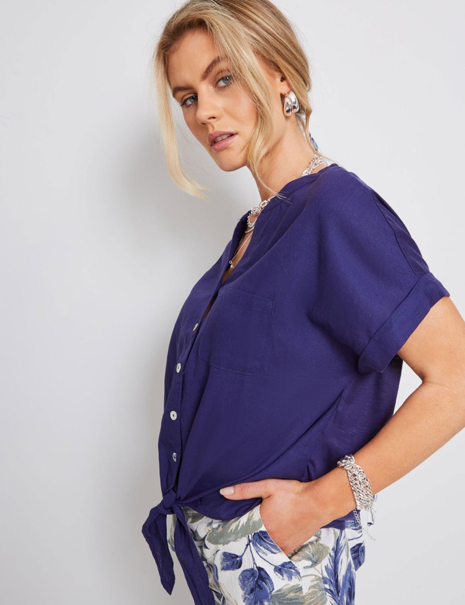 Tops Katies | Katies Linen Front Knitwear Back Tie Top