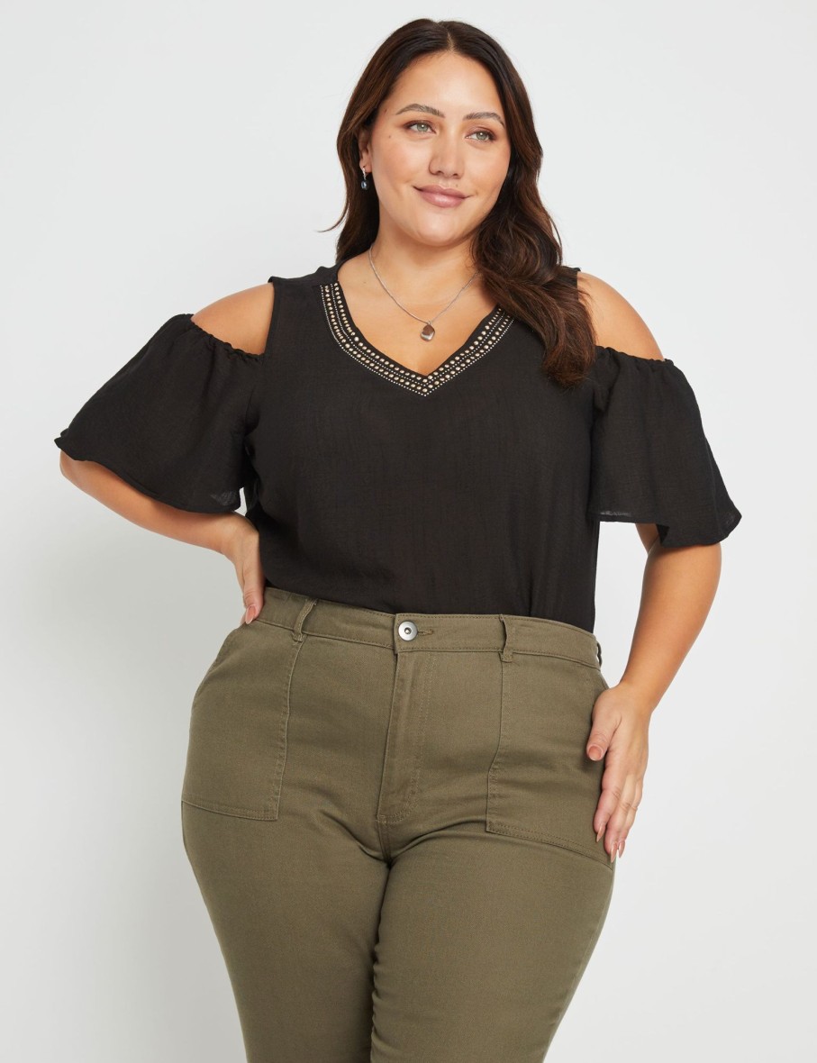 Tops Beme | Beme Short Sleeve Cold Shoulder Woven Top