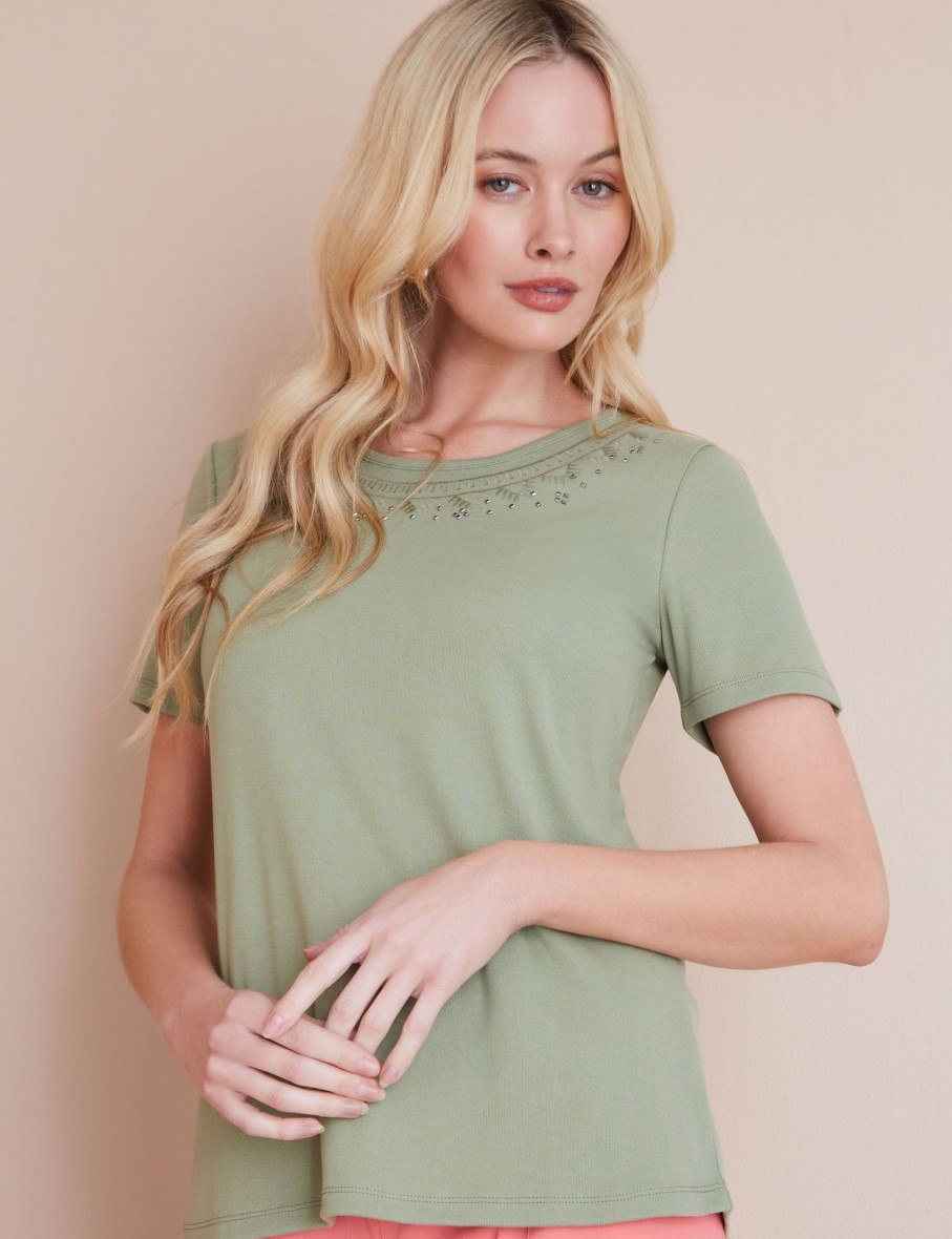 Tops NoniB | Round Neck Embroidered Rib Tee