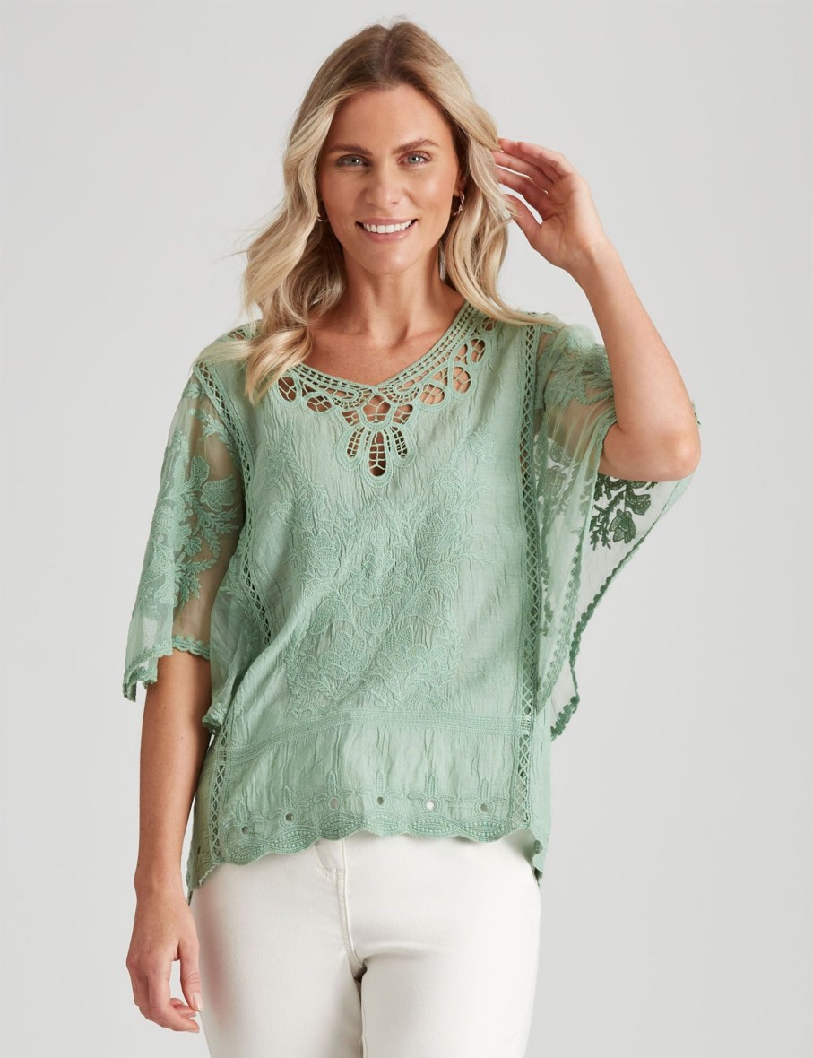 Tops Millers | Millers Extended Sleeve Embroidered Woven Top With Neck Trim