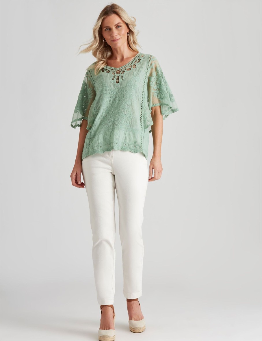 Tops Millers | Millers Extended Sleeve Embroidered Woven Top With Neck Trim