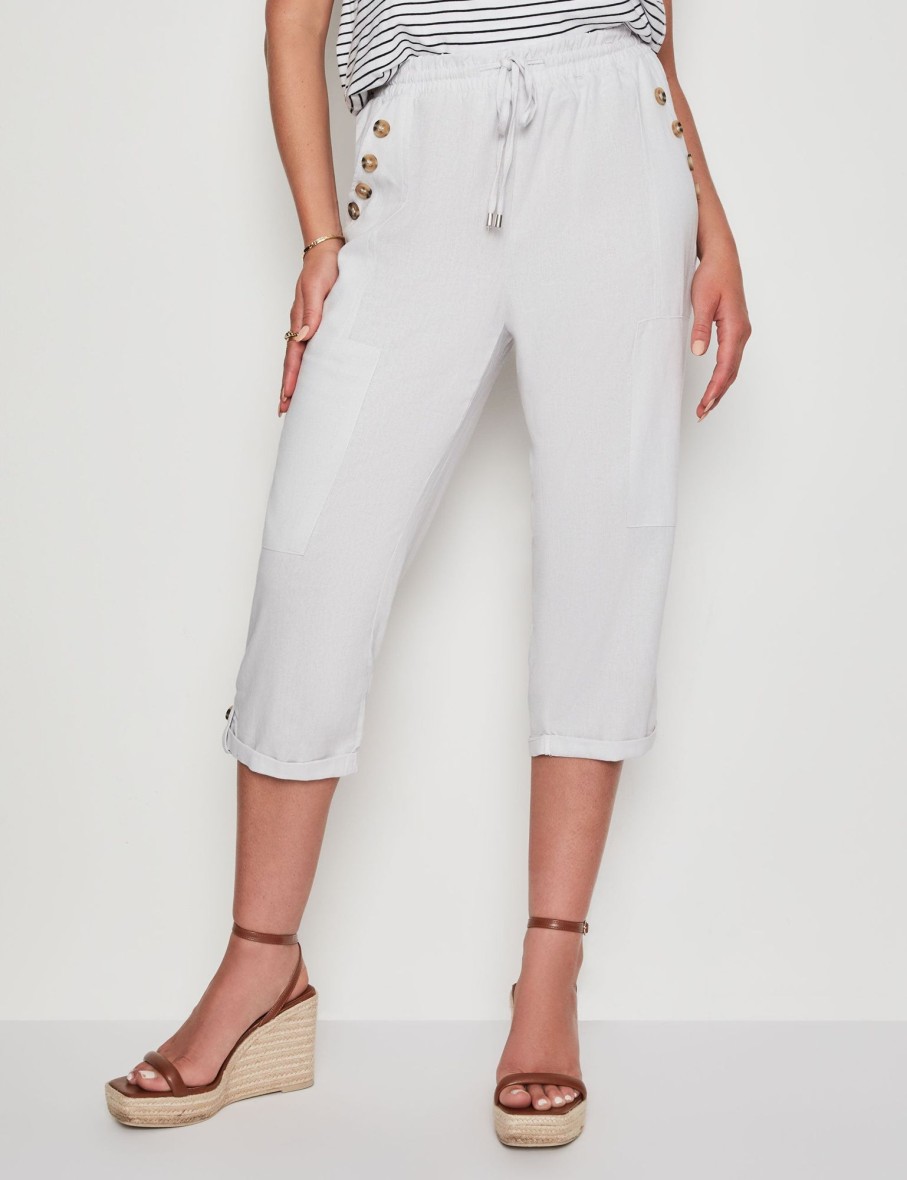 Bottoms Rockmans | Rockmans Crop Linen Button Pants