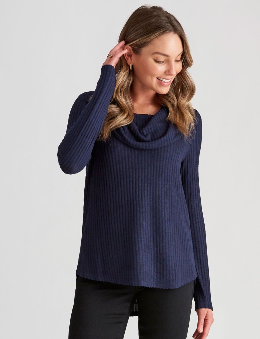 Tops Rockmans | Rockmans Long Sleeve Ribbed Cowl Neck Top