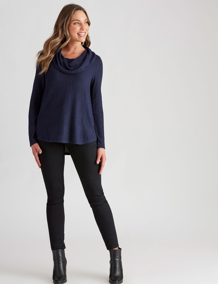 Tops Rockmans | Rockmans Long Sleeve Ribbed Cowl Neck Top