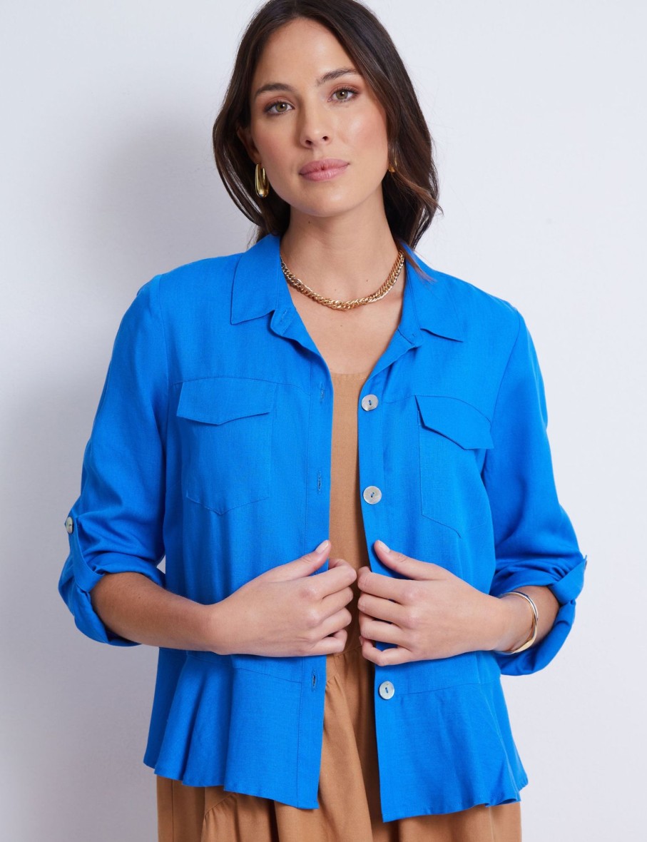 Outerwear Katies | Katies Linen 3/4 Sleeve Peplum Jacket