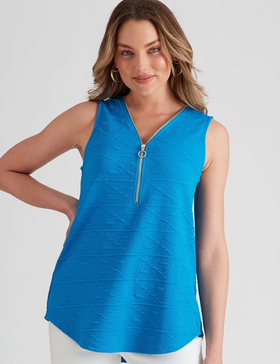 Tops Rockmans | Rockmans Sleeveless Textured Knitwear Zipped Neck Top