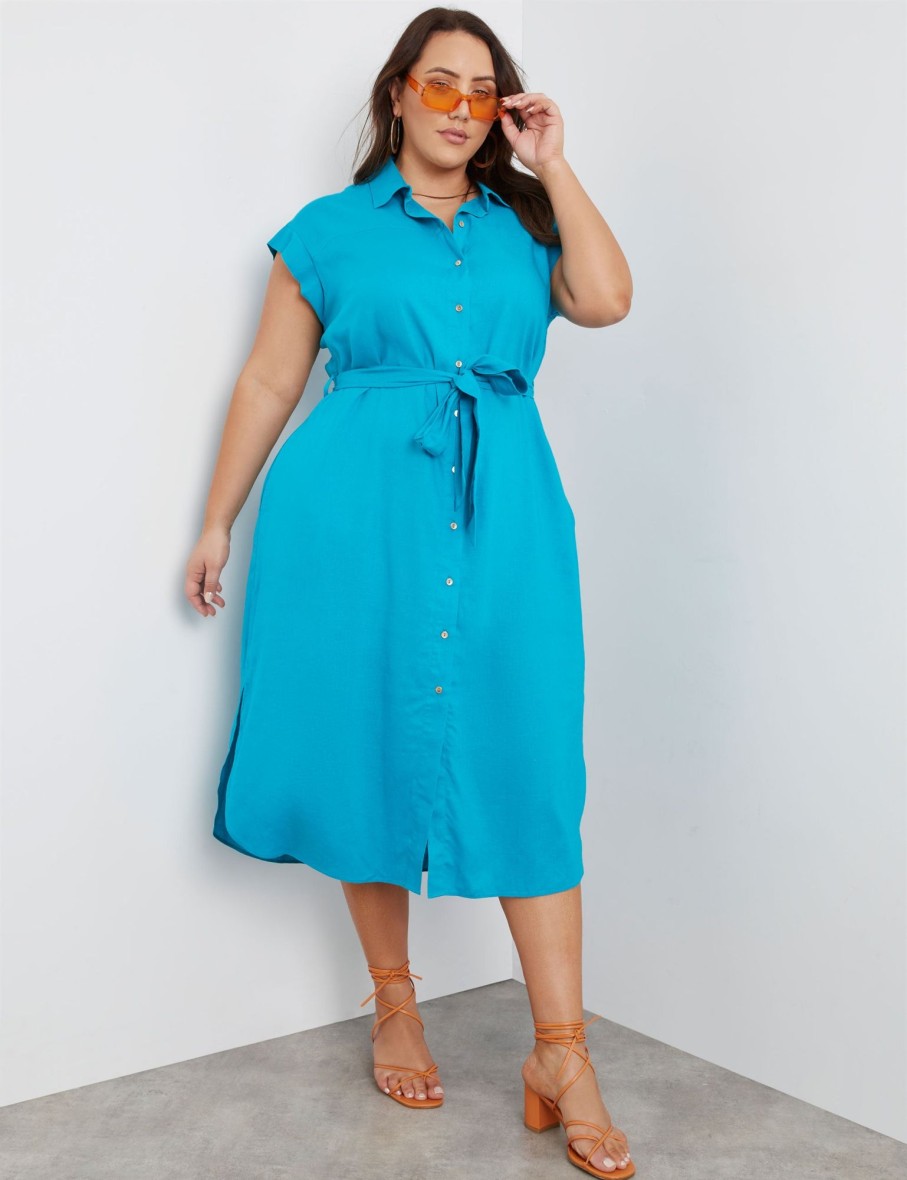 Dresses Beme | Beme Extend Sleeve Button Thru Tie Waist Linen Shirt Dress