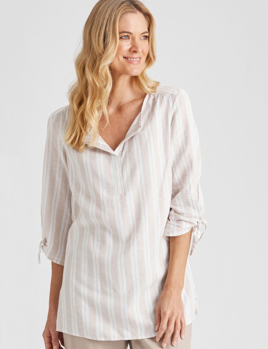 Tops NoniB | 3/4 Sleeve Stripe Linen Top