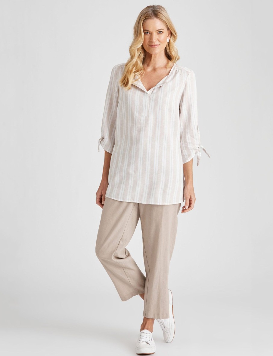 Tops NoniB | 3/4 Sleeve Stripe Linen Top