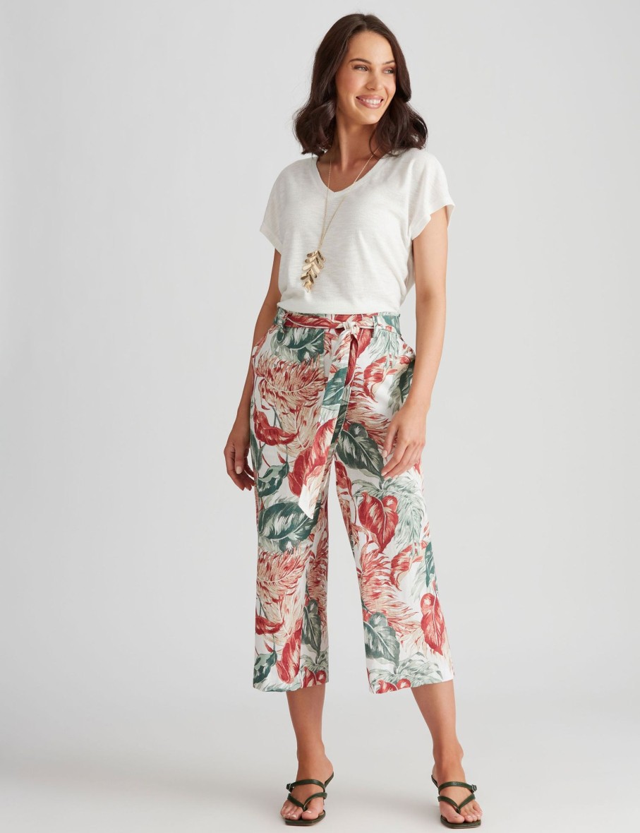 Bottoms Katies | Katies Linen Blend Belted Crop Pants