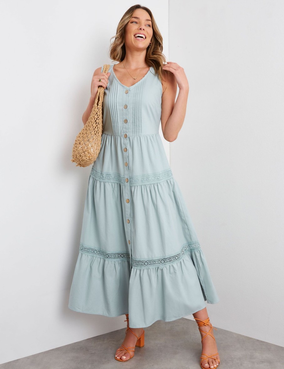 Dresses Rockmans | Rockmans Sleeveless Linen Tiered Dress