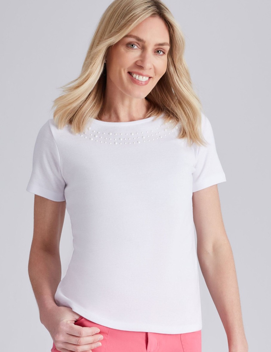 Tops NoniB | Noni B Round Neck Pearl Stud Rib Top