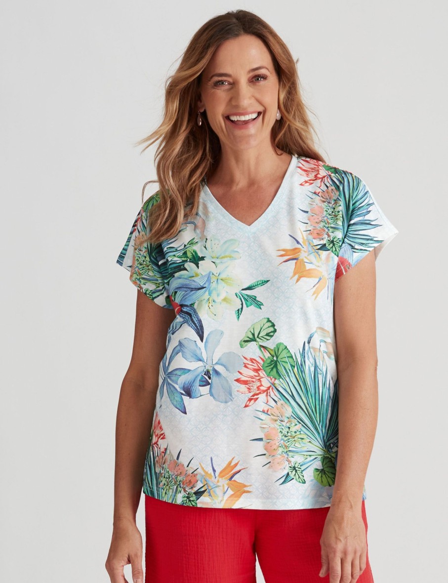 Tops Millers | Millers Short Sleeve Printed V-Neck Slub Top