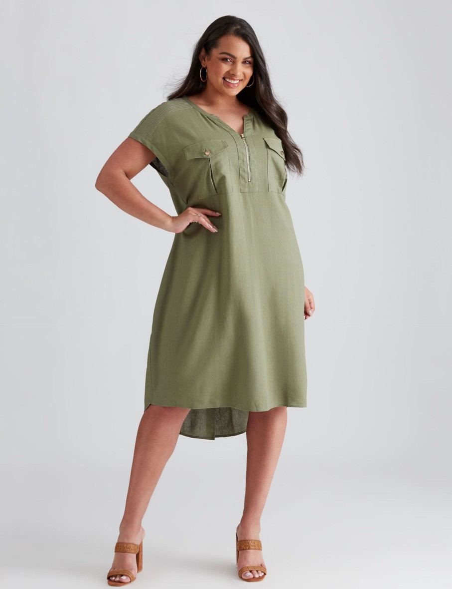 Dresses Beme | Beme Extended Sleeve Zipped Front Pocket Dress