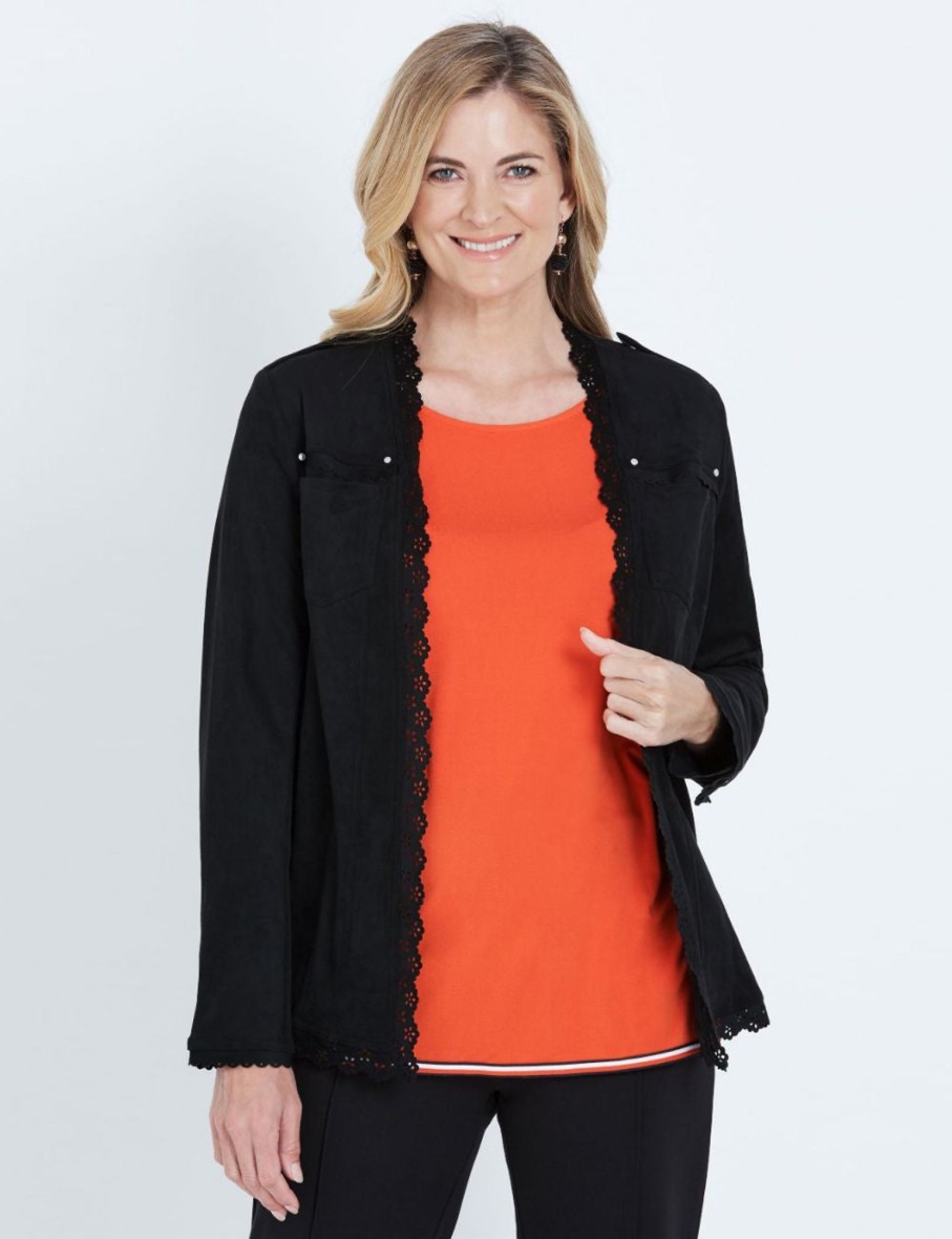 Outerwear NoniB | Noni B Long Sleeve Suedette Lace Trim Jacket