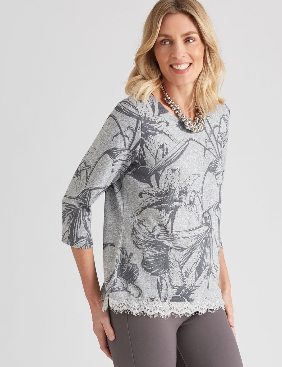 Tops NoniB | Noni B Hotfix Lace Trim Printed Top