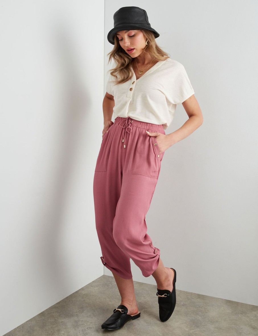 Bottoms Rockmans | Rockmans Crop Length Woven Stud Detail Pants