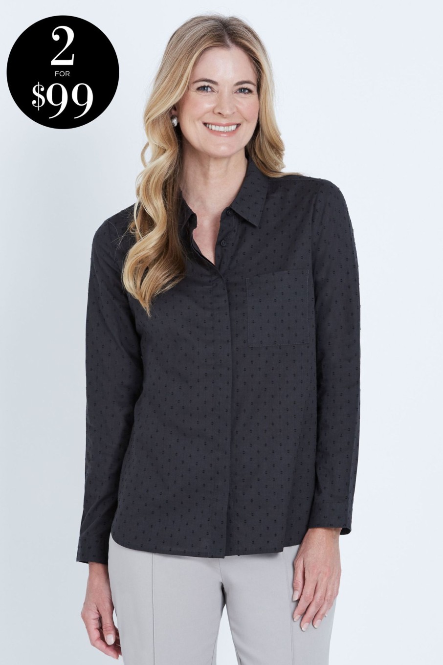 Tops NoniB | Noni B Long Sleeve Dobby Spot Shirt