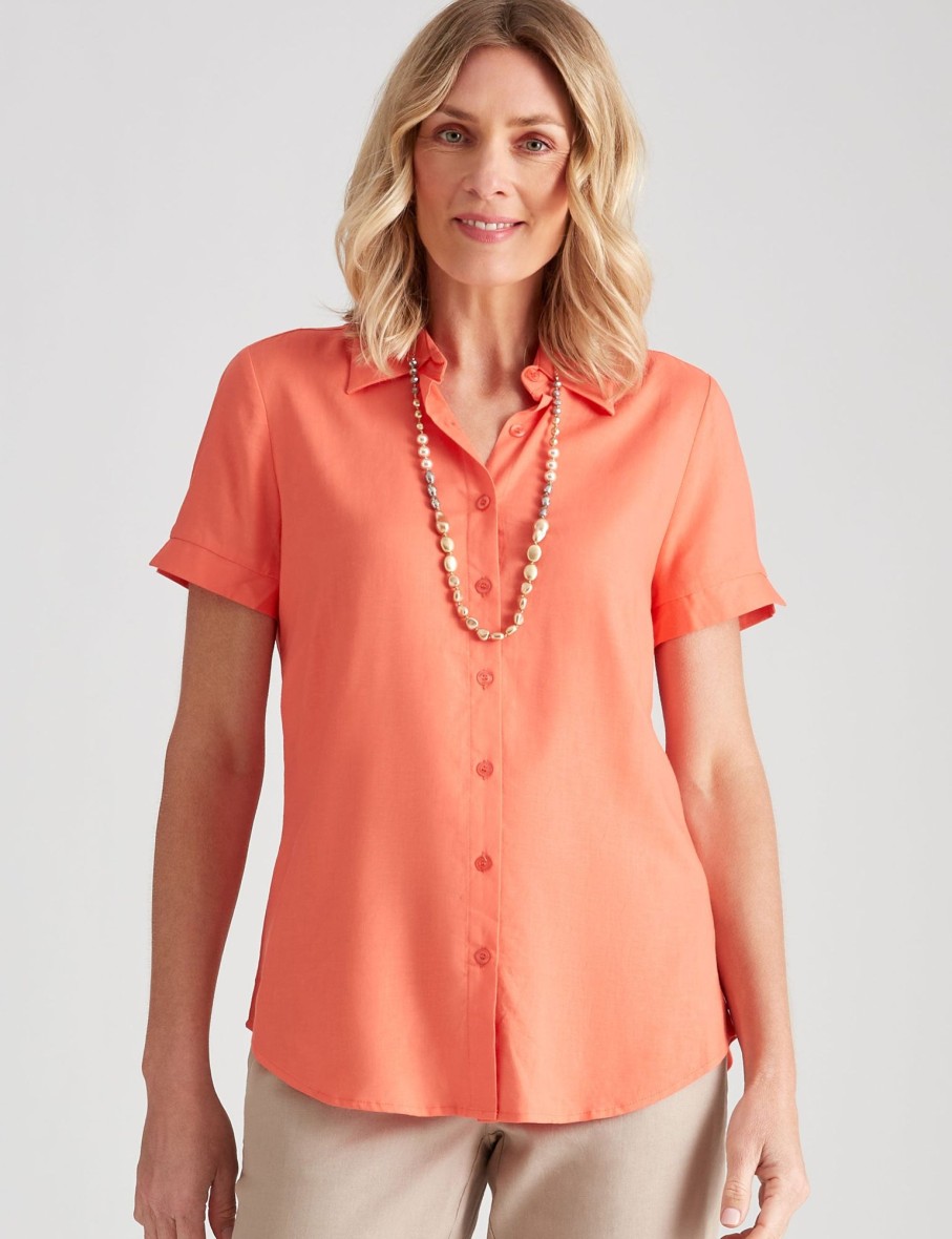 Tops NoniB | Noni B Short Sleeve Plain Linen Shirt