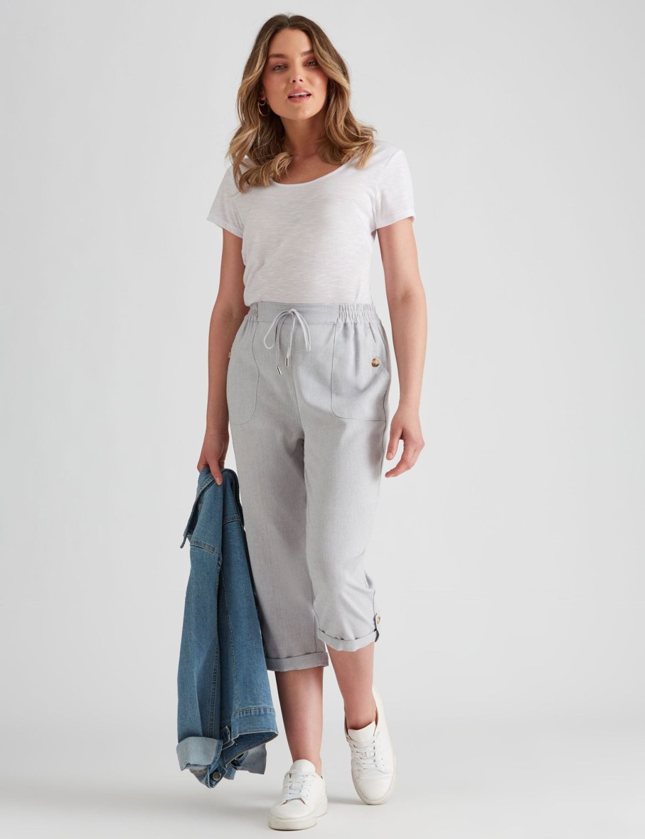 Bottoms Rockmans | Rockmans Crop Linen Pants