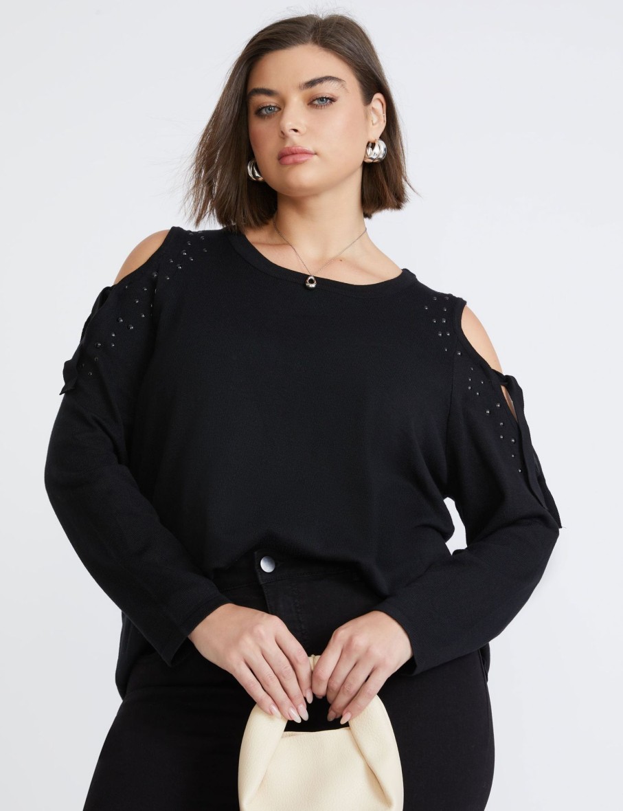 Knitwear Beme | Beme 3/4 Sleeve Cold Shoulder Stud Jumper