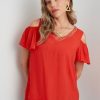 Tops Rockmans | Rockmans Short Sleeve Woven Cold Shoulder Top