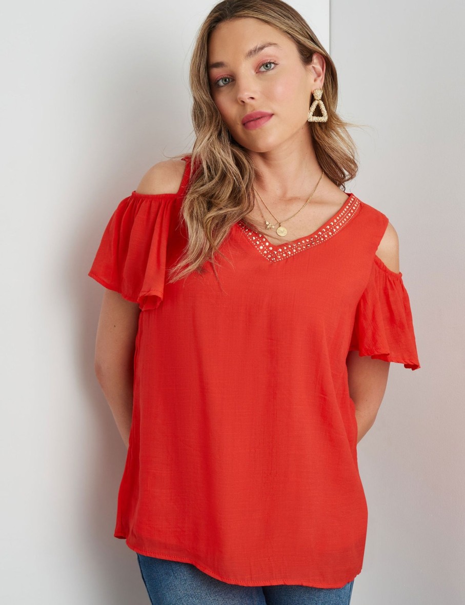 Tops Rockmans | Rockmans Short Sleeve Woven Cold Shoulder Top