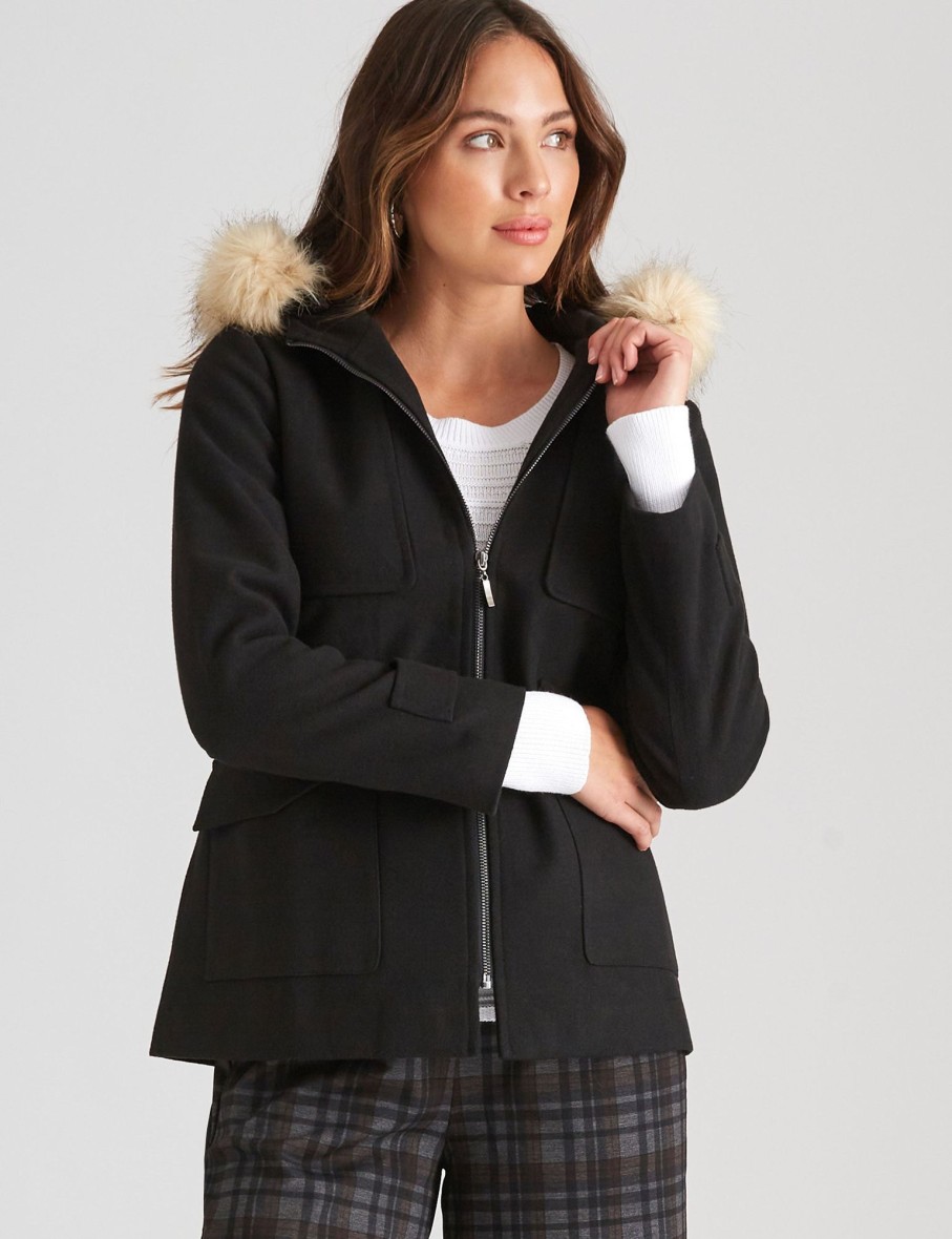 Outerwear Katies | Katies Fur Trim Duffle Coat