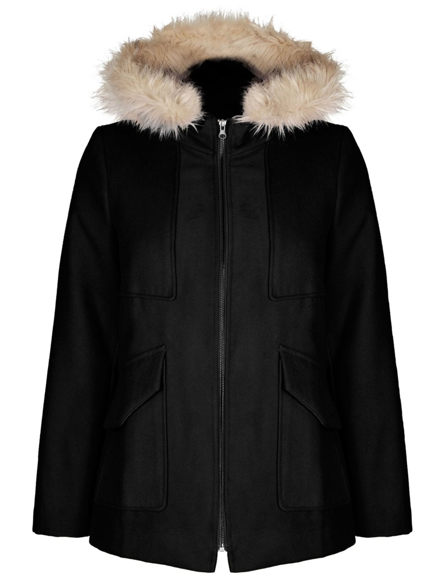 Outerwear Katies | Katies Fur Trim Duffle Coat