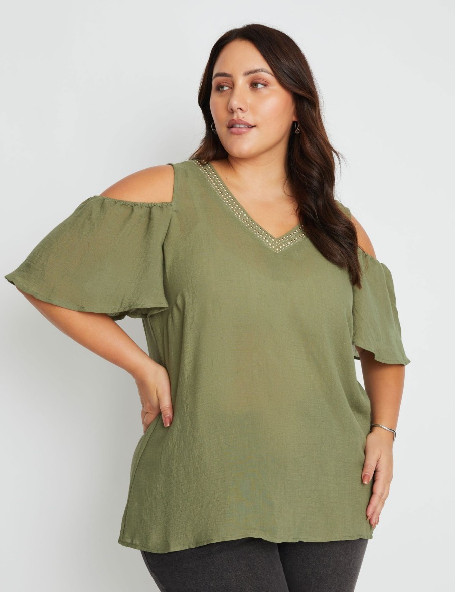 Tops Beme | Beme Short Sleeve Cold Shoulder Woven Top