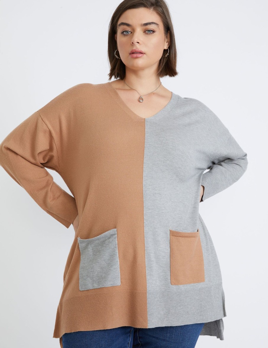 Knitwear Beme | Beme Long Sleeve V Neck Colourblock Jumper