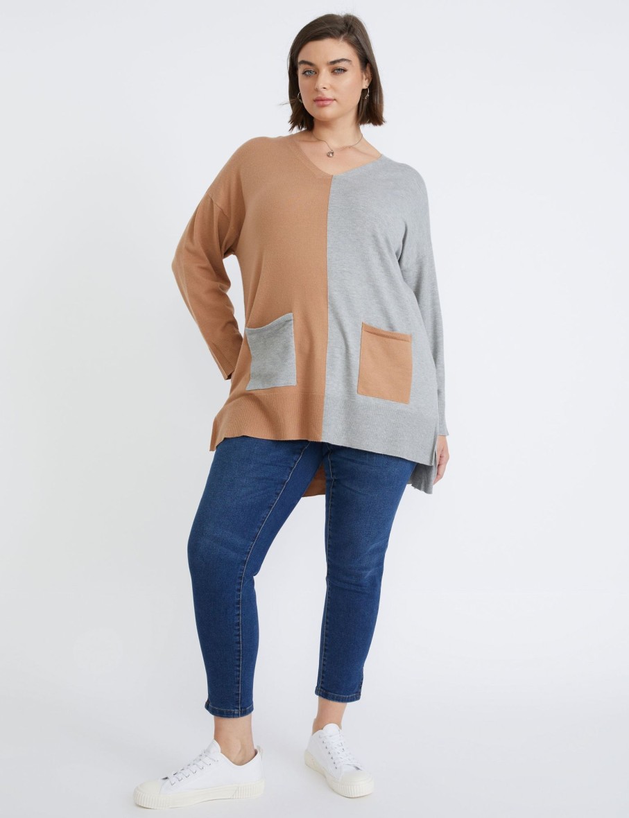 Knitwear Beme | Beme Long Sleeve V Neck Colourblock Jumper