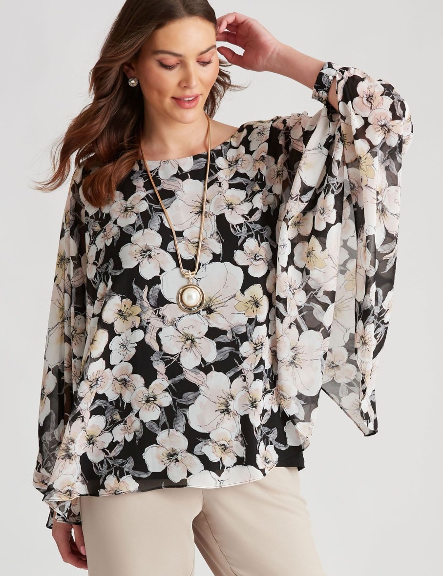 Knitwear LizJordan | Liz Jordan Floral Cape Overlay Top