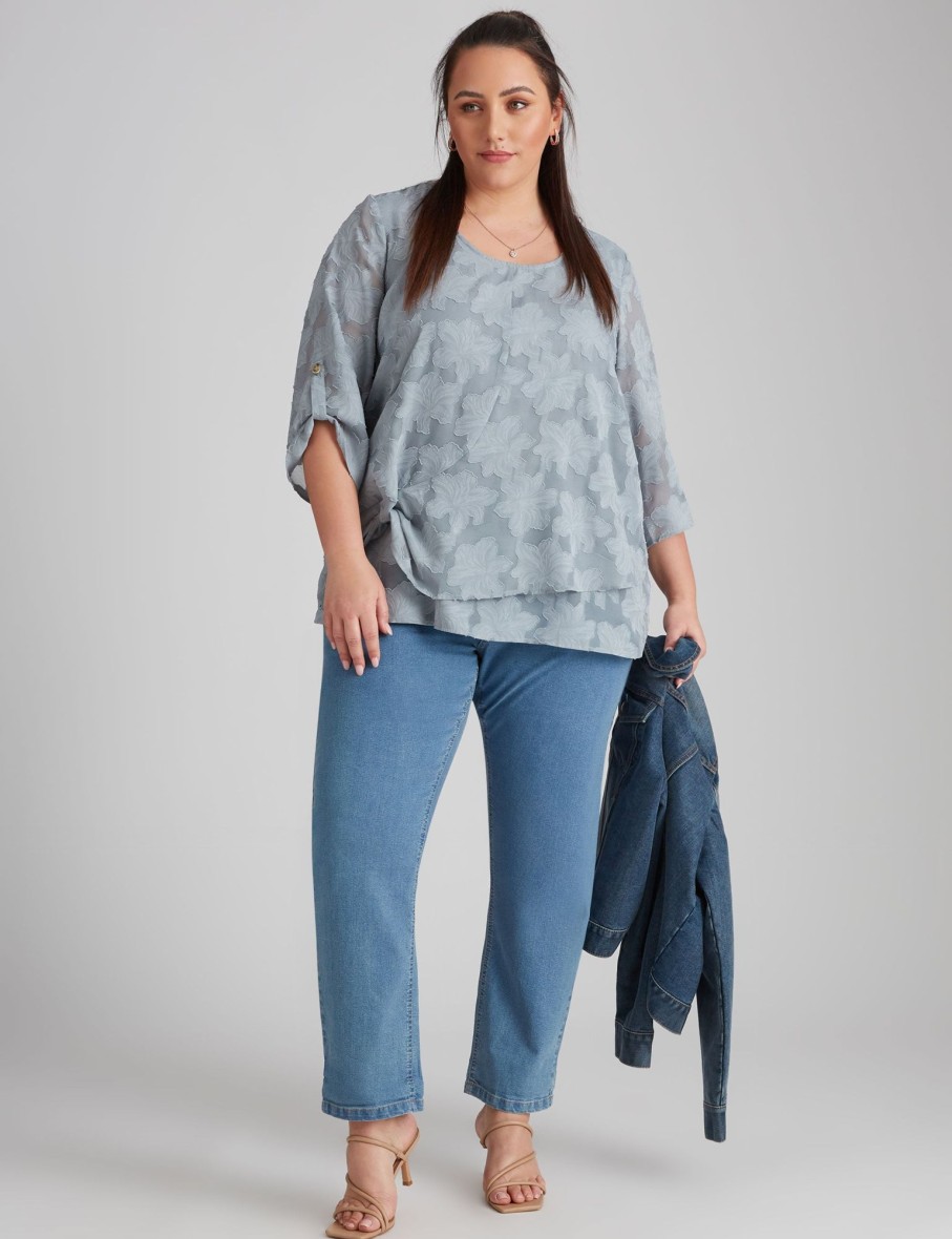 Tops Beme | Beme 3/4 Drag Up Sleeve Burnout Double Layer Top