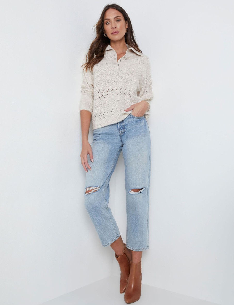 Knitwear Katies | Katies Long Sleeve Half Placket Crochet Cable Jumper