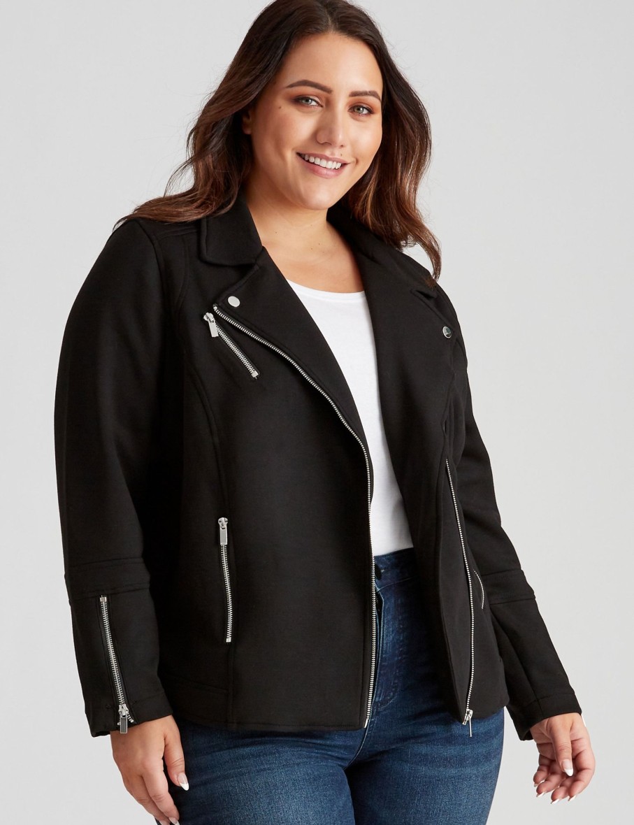 Outerwear Beme | Beme Long Sleeve Ponte Biker Jacket